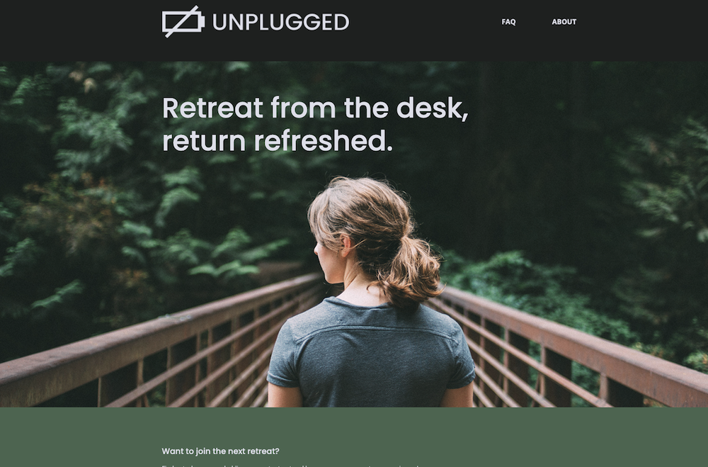 Landing page of unplugged retreat website